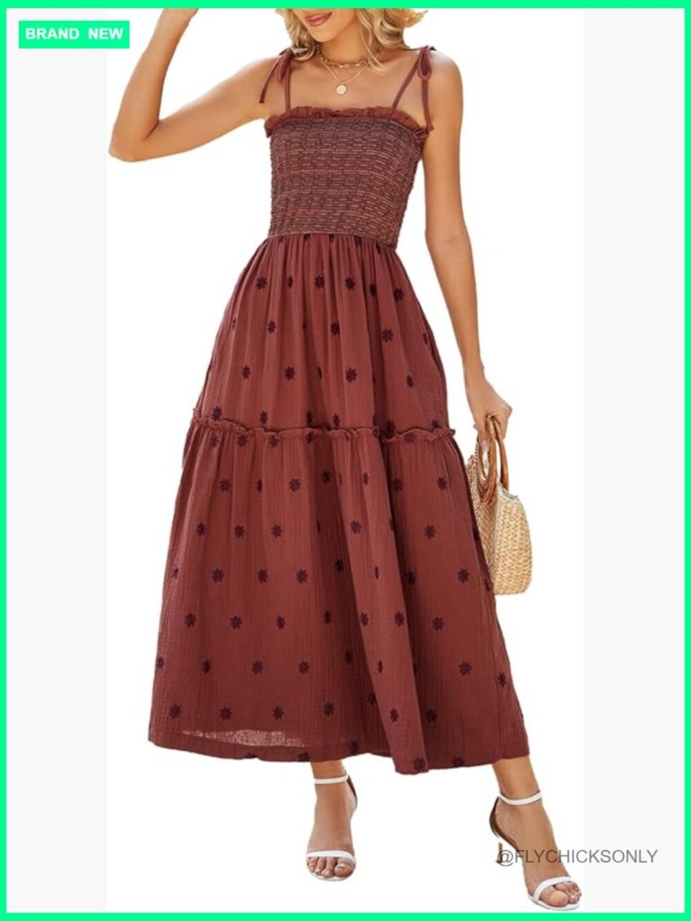 Seersucker Floral Embroidered Maxi Dress Sleeveless Tie Shoulder Smocked